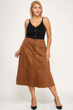 Button Front Faux Suede Midi Skirt -