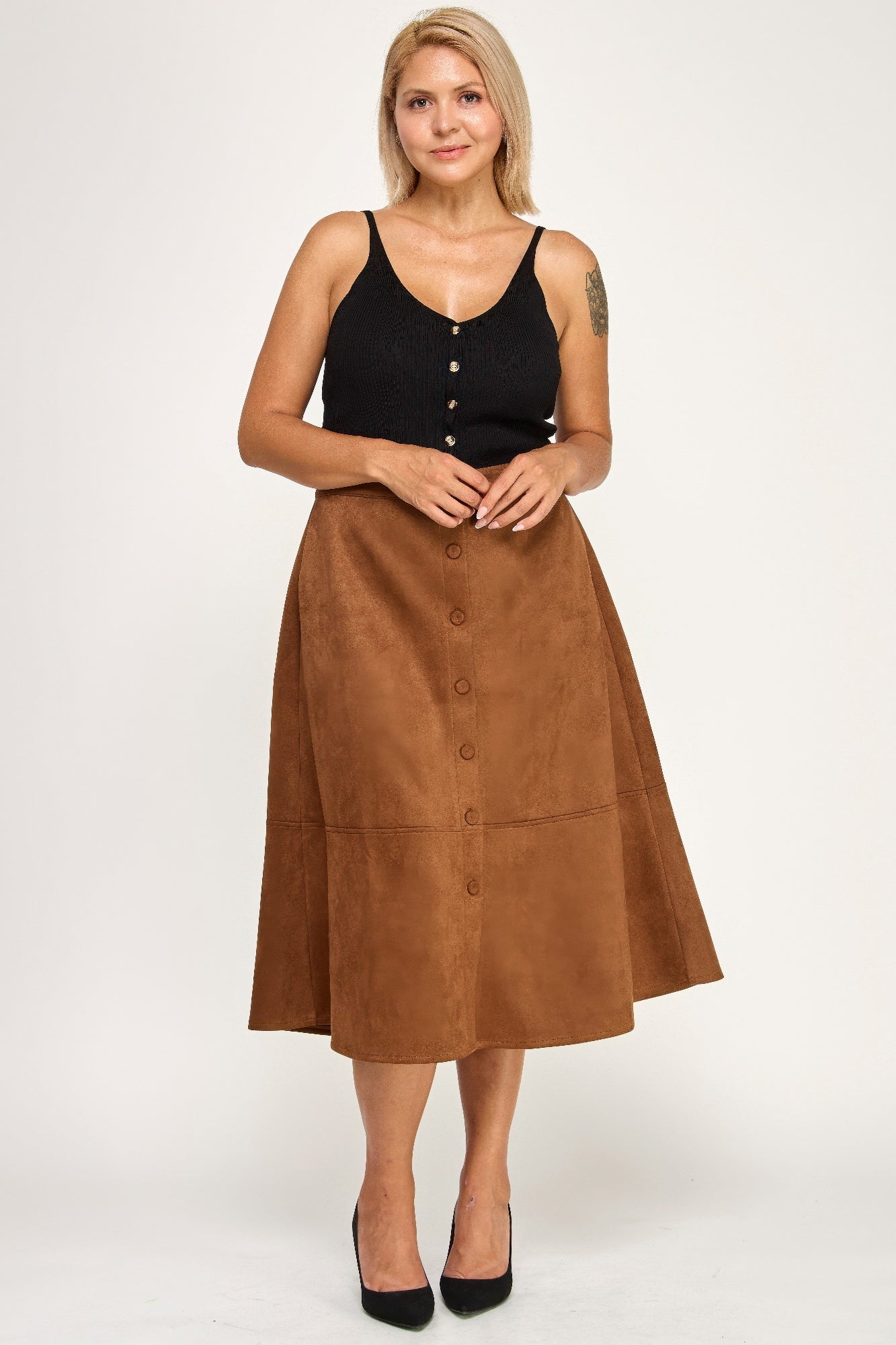 Button Front Faux Suede Midi Skirt - Brown
