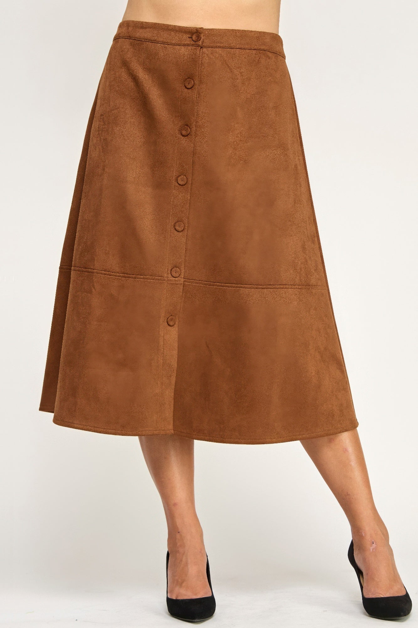 Button Front Faux Suede Midi Skirt -