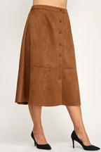 Button Front Faux Suede Midi Skirt -