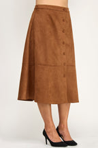 Button Front Faux Suede Midi Skirt -
