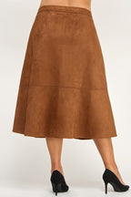 Button Front Faux Suede Midi Skirt -