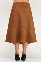 Button Front Faux Suede Midi Skirt -