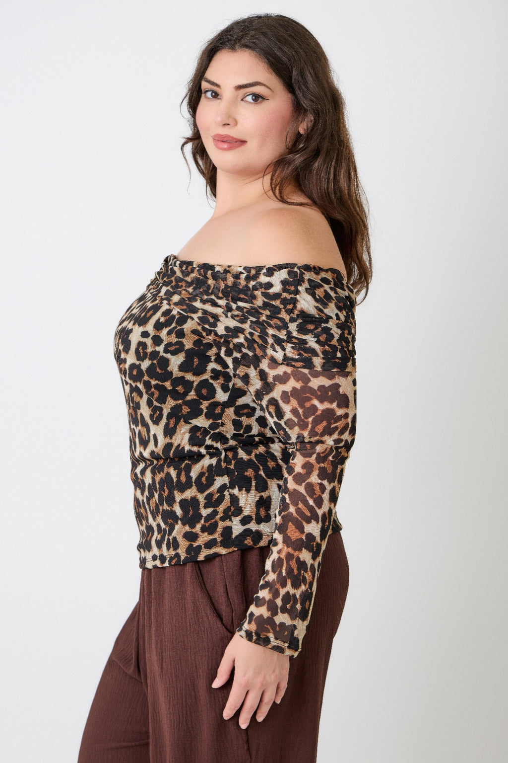 Leopard Off Shoulder Mesh Blouse -