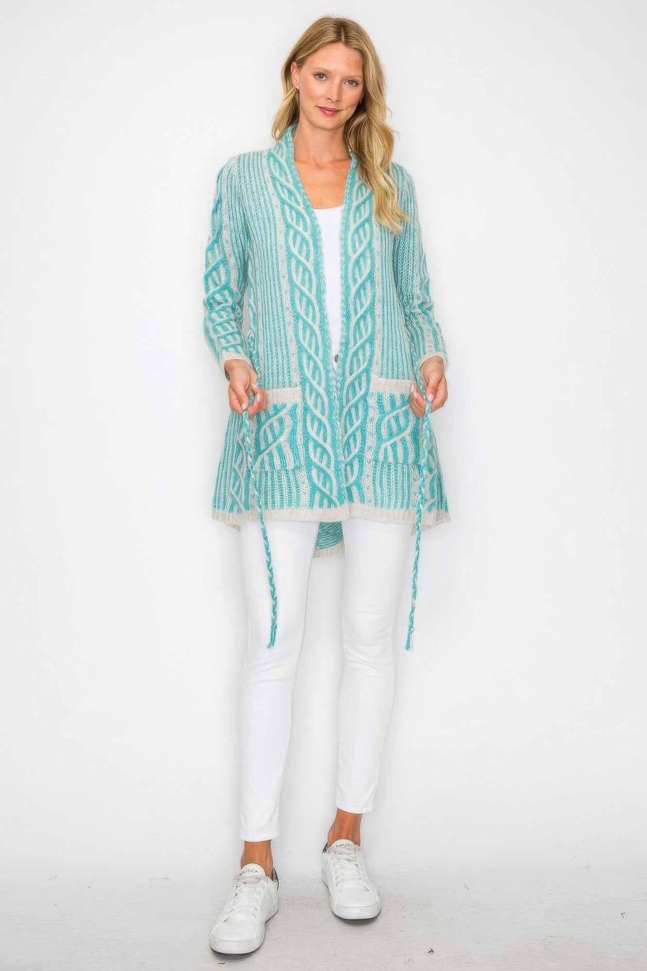 Open Wool Belted Pocket Cardigan -