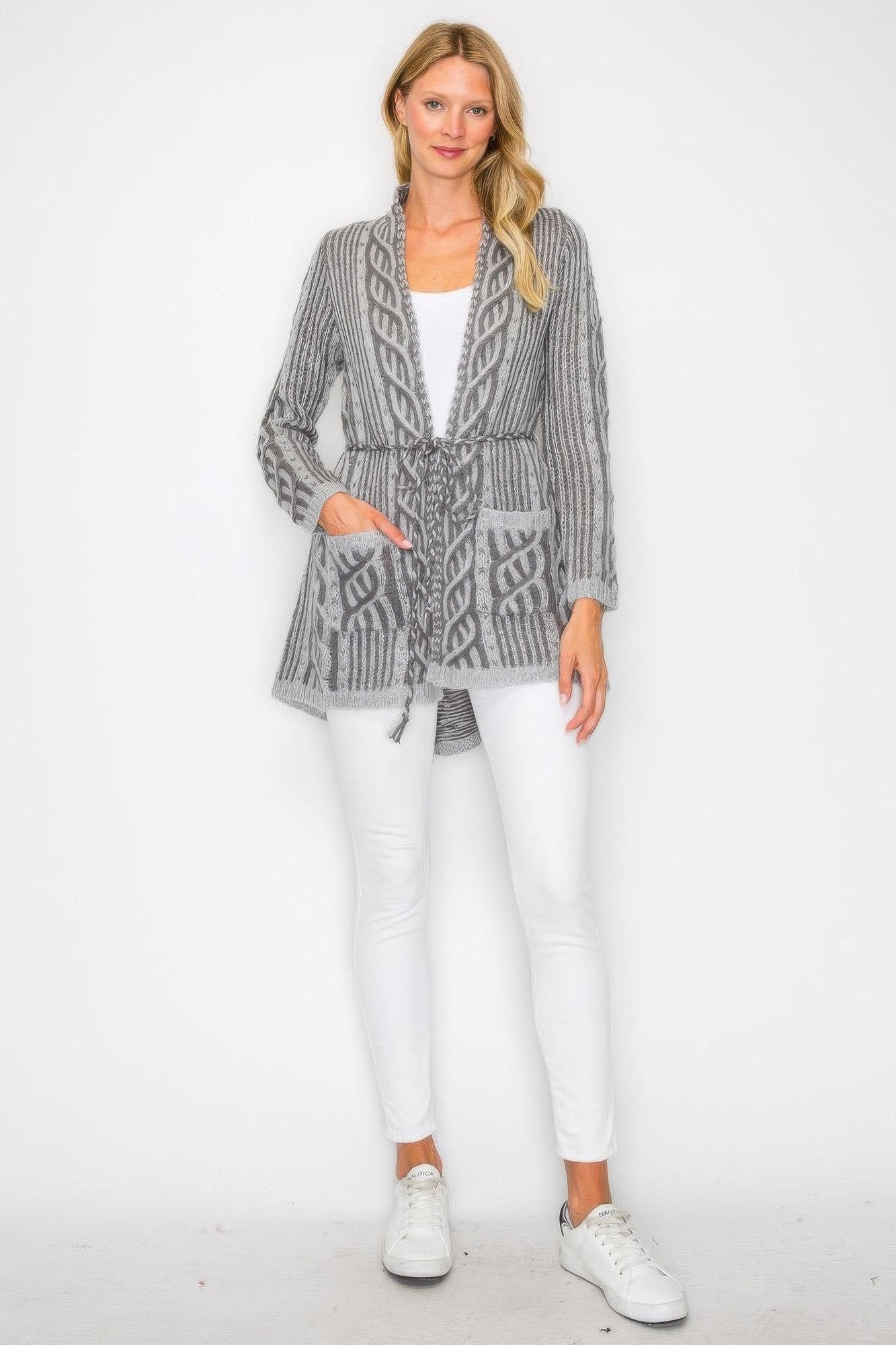 Open Wool Belted Pocket Cardigan -