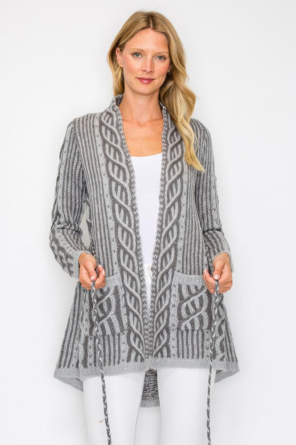 Open Wool Belted Pocket Cardigan -