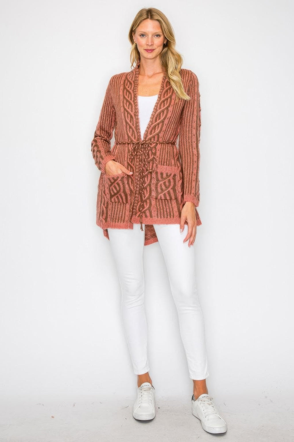 Open Wool Belted Pocket Cardigan -