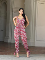 Paisley V Neck Tie Waist Jumpsuit - Wine