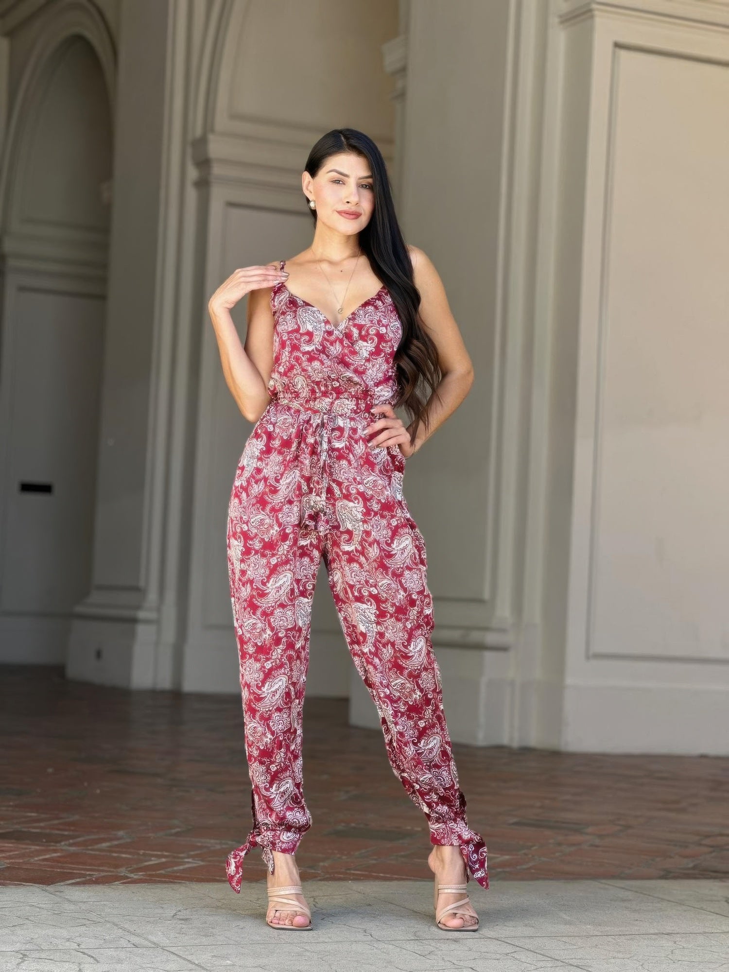 Paisley V Neck Tie Waist Jumpsuit - Wine