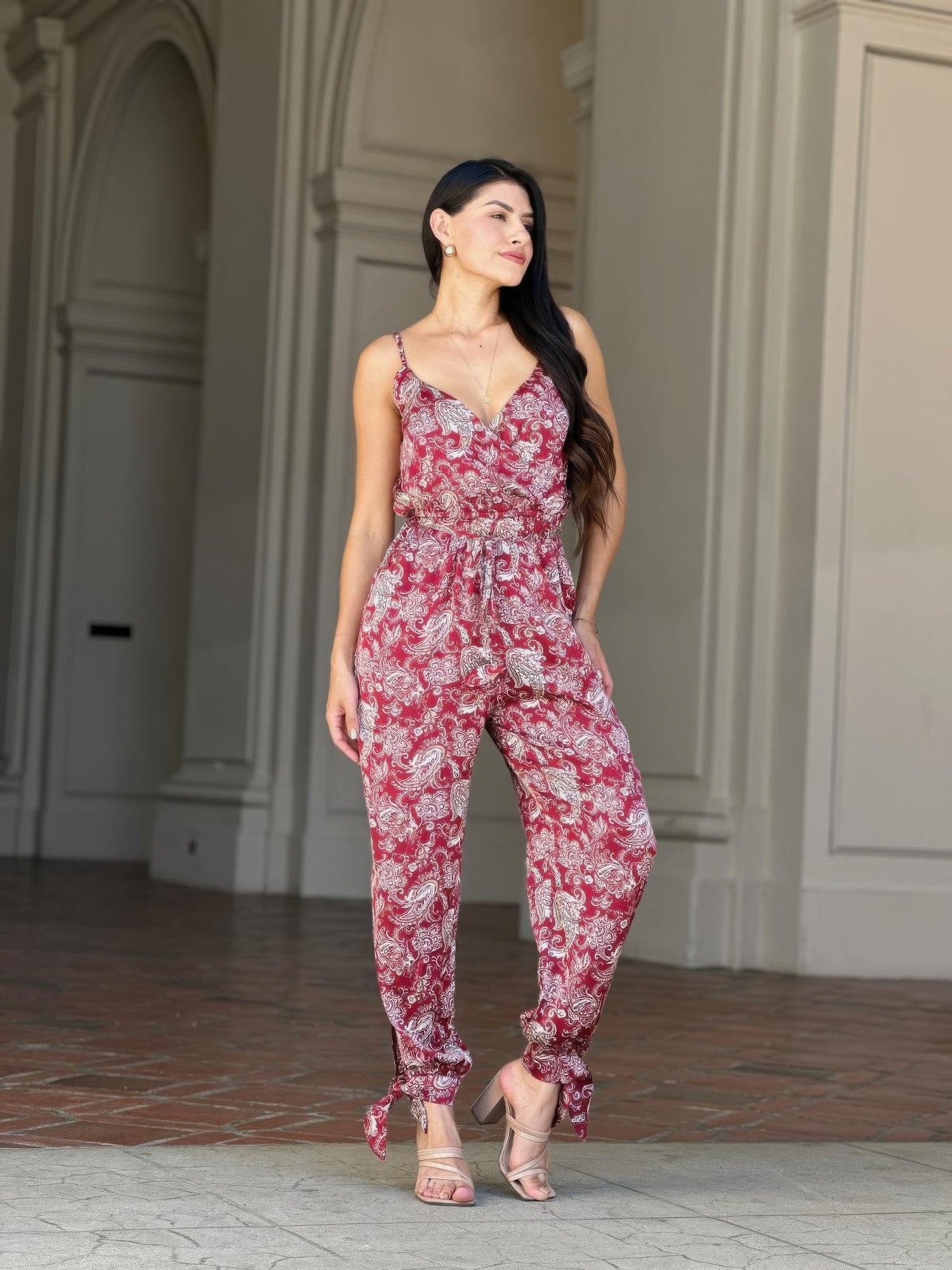 Paisley V Neck Tie Waist Jumpsuit -
