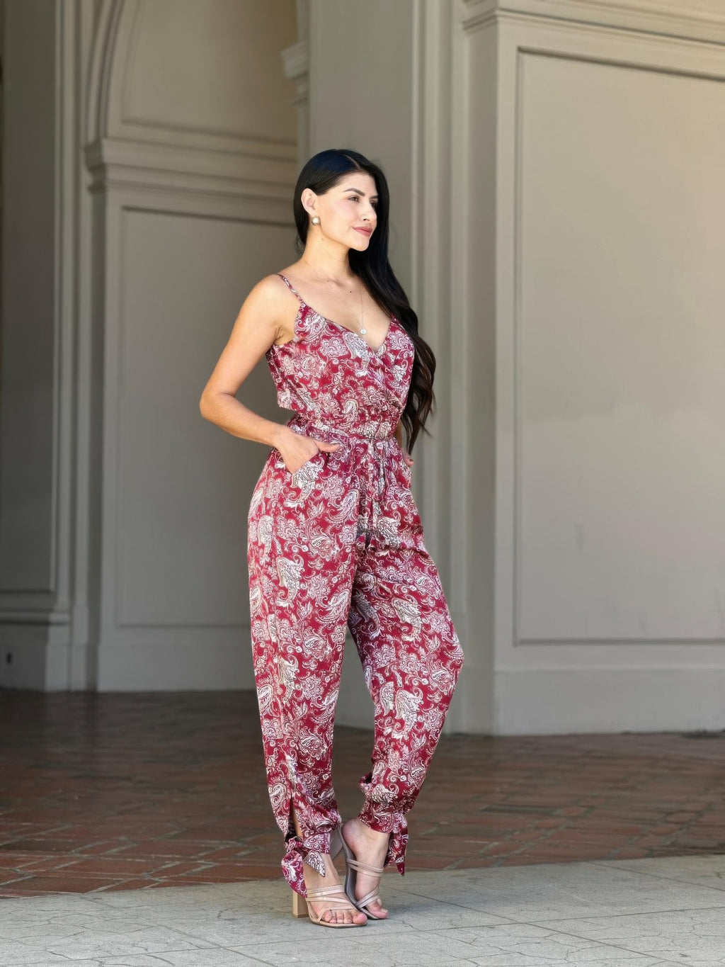 Paisley V Neck Tie Waist Jumpsuit -