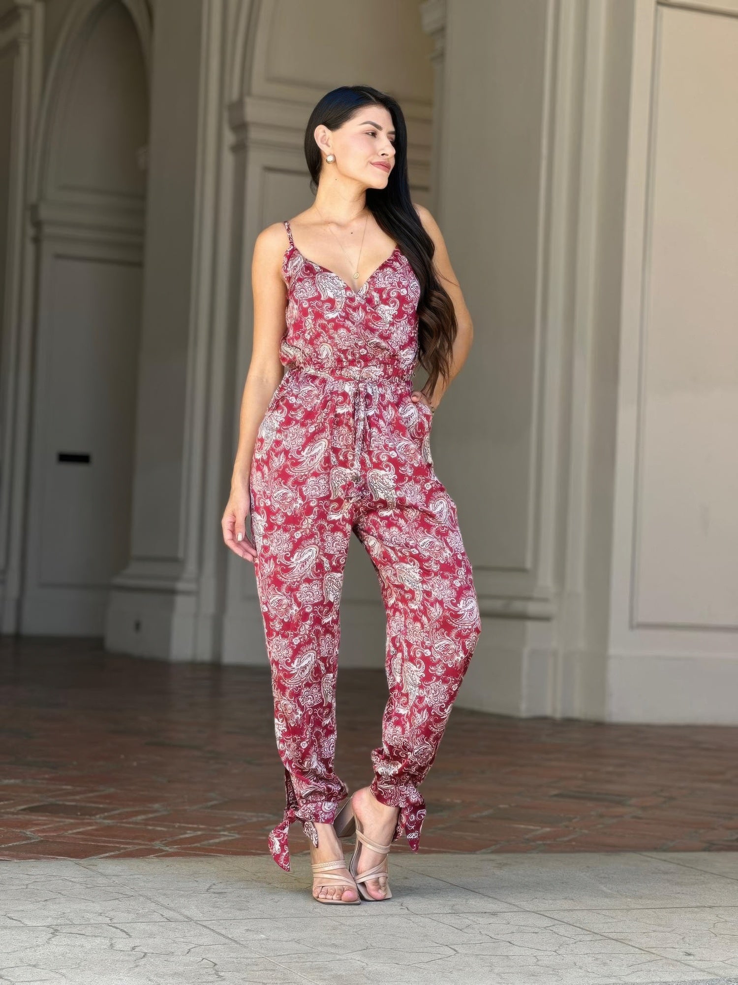 Paisley V Neck Tie Waist Jumpsuit -