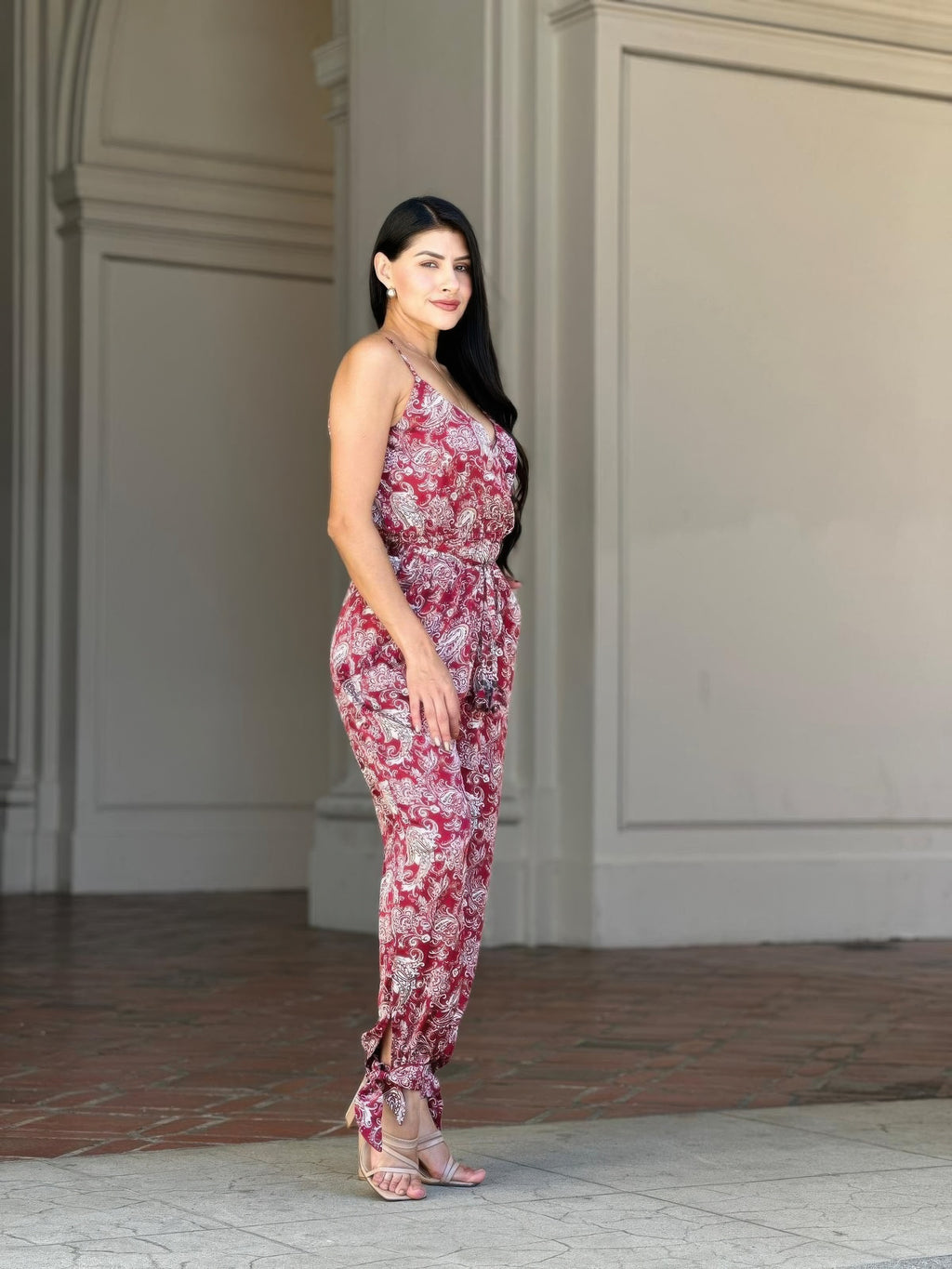 Paisley V Neck Tie Waist Jumpsuit -