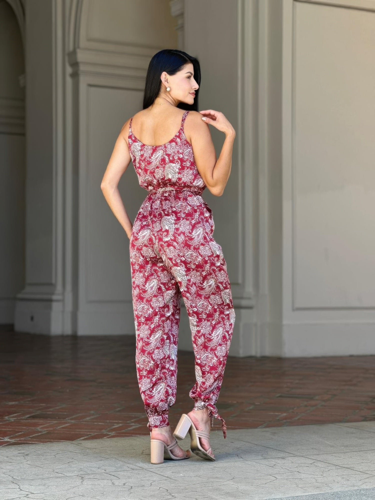 Paisley V Neck Tie Waist Jumpsuit -