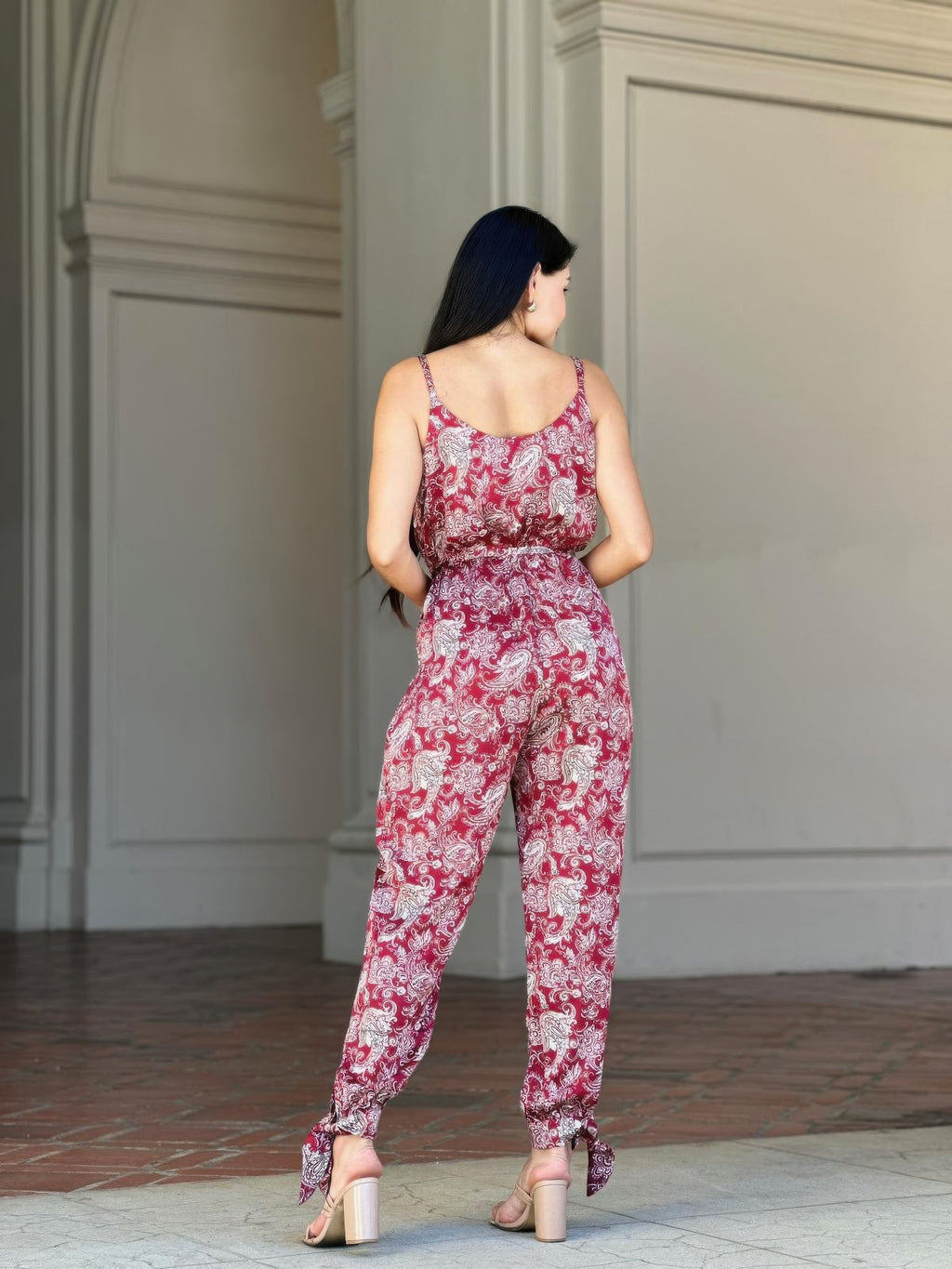 Paisley V Neck Tie Waist Jumpsuit -