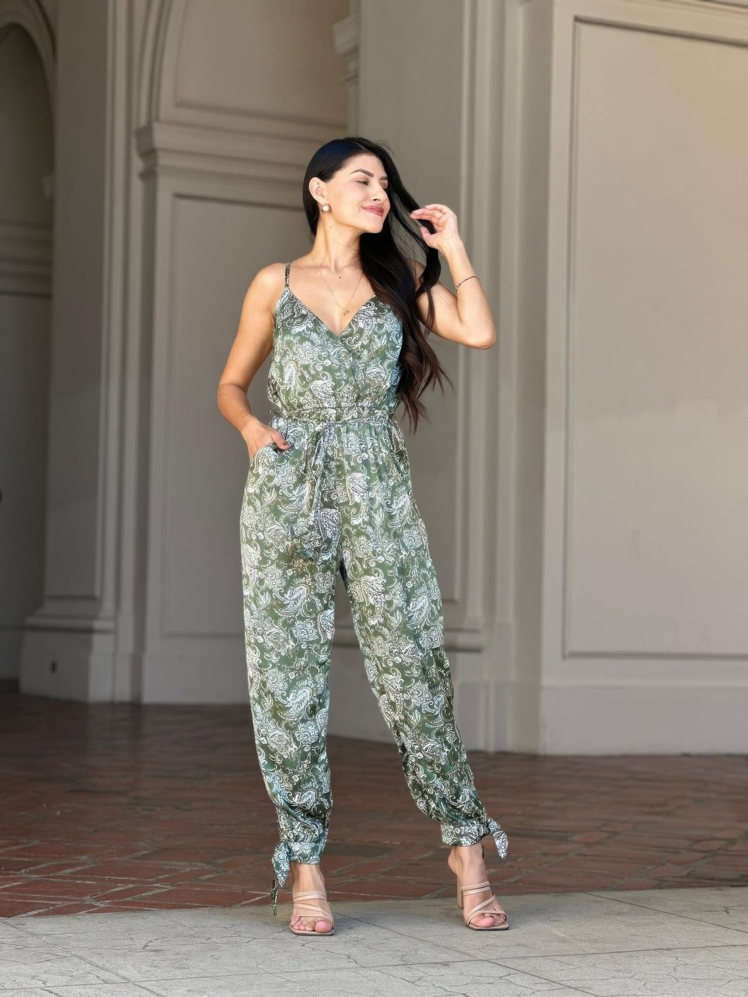 Paisley V Neck Tie Waist Jumpsuit -