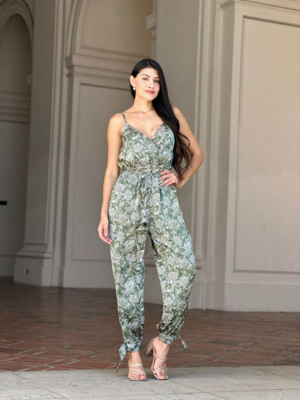 Paisley V Neck Tie Waist Jumpsuit - Green