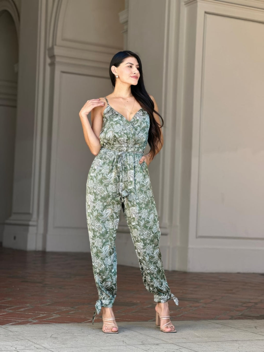 Paisley V Neck Tie Waist Jumpsuit -