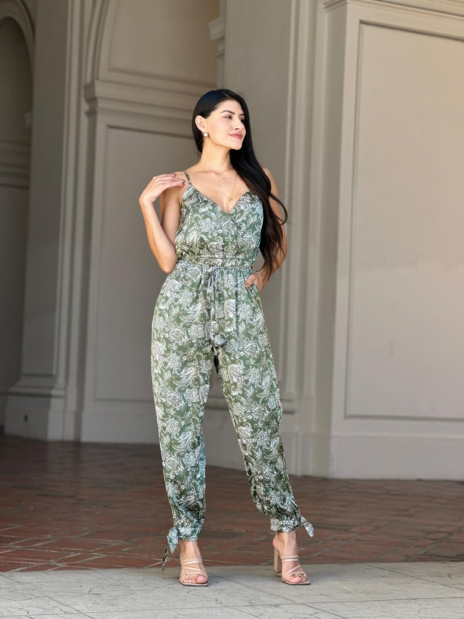 Paisley V Neck Tie Waist Jumpsuit -