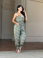 Paisley V Neck Tie Waist Jumpsuit -
