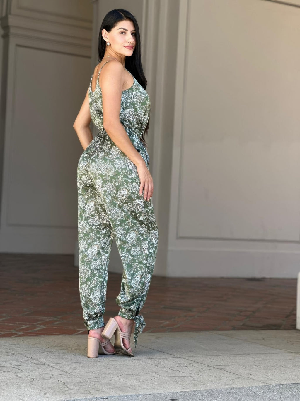 Paisley V Neck Tie Waist Jumpsuit -