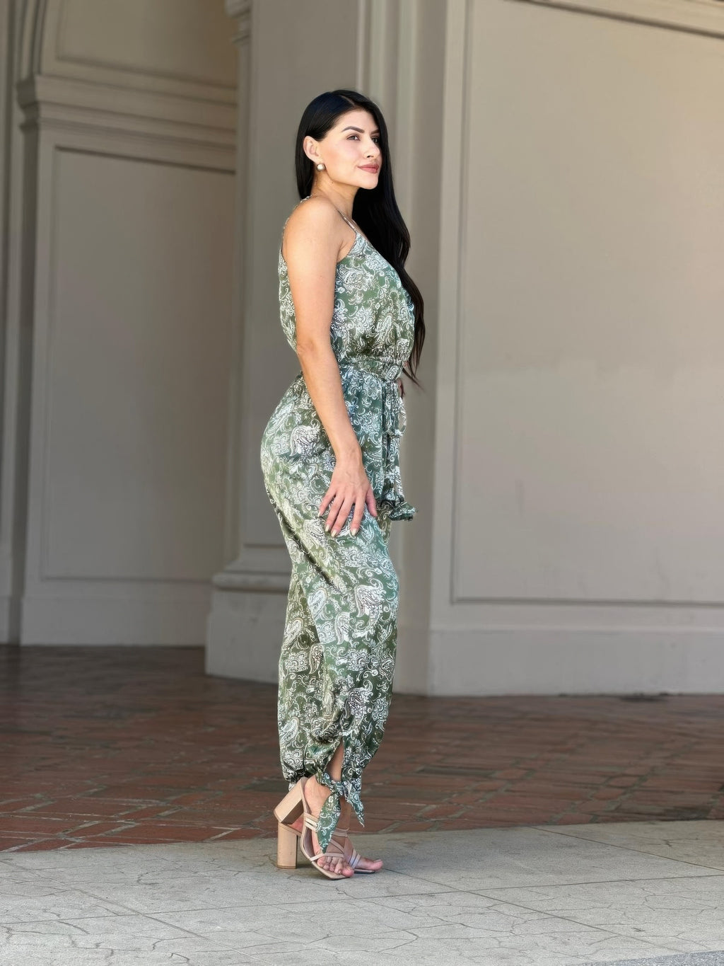 Paisley V Neck Tie Waist Jumpsuit -