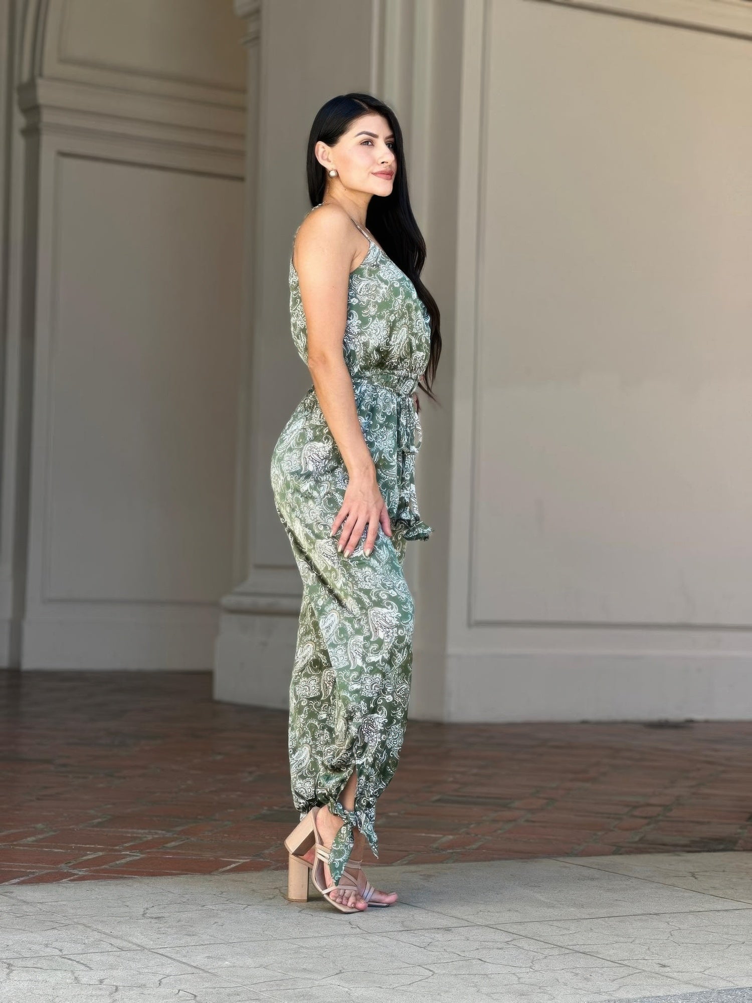 Paisley V Neck Tie Waist Jumpsuit -