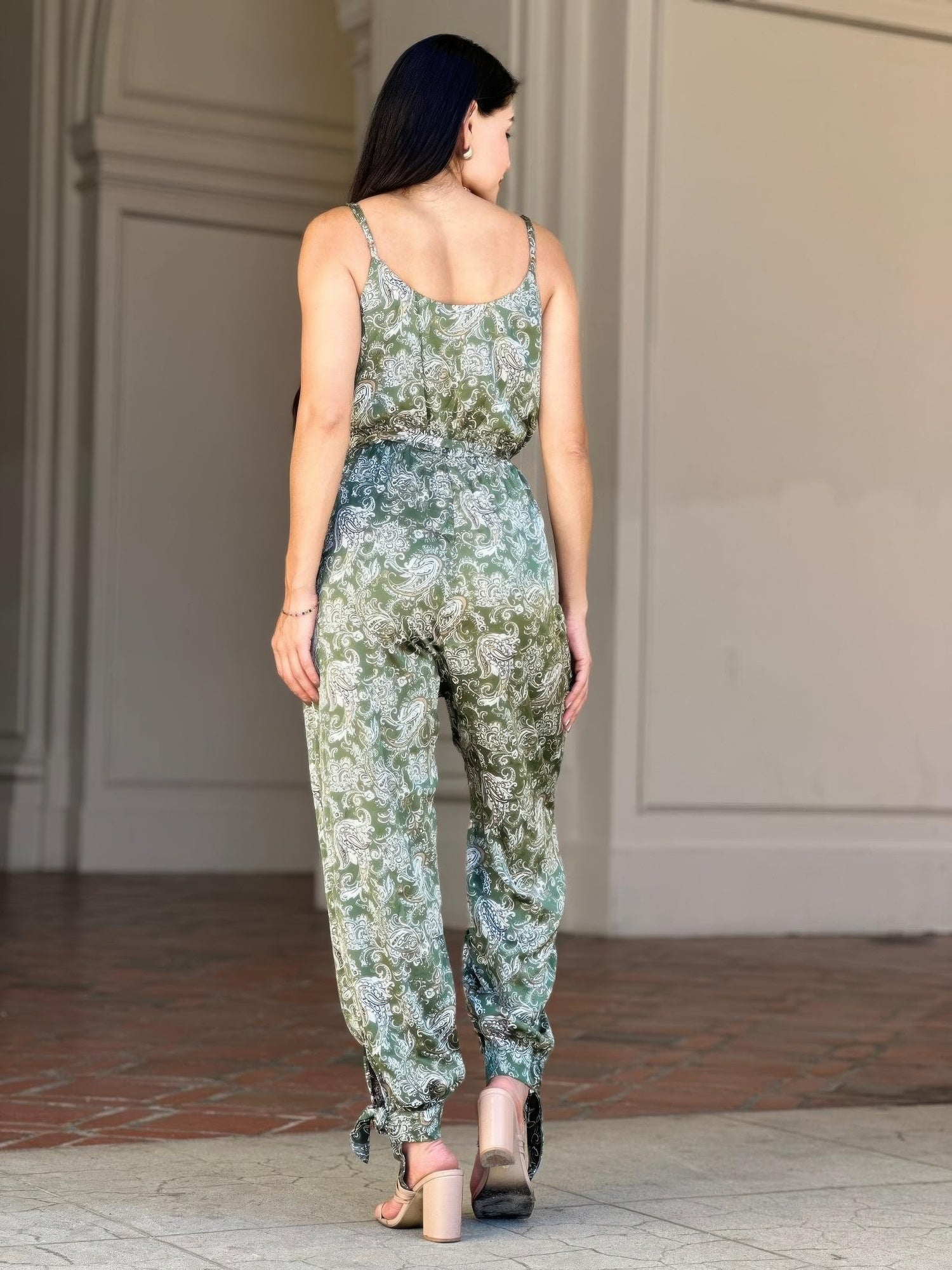 Paisley V Neck Tie Waist Jumpsuit -