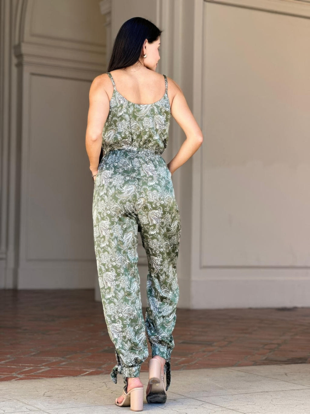 Paisley V Neck Tie Waist Jumpsuit -