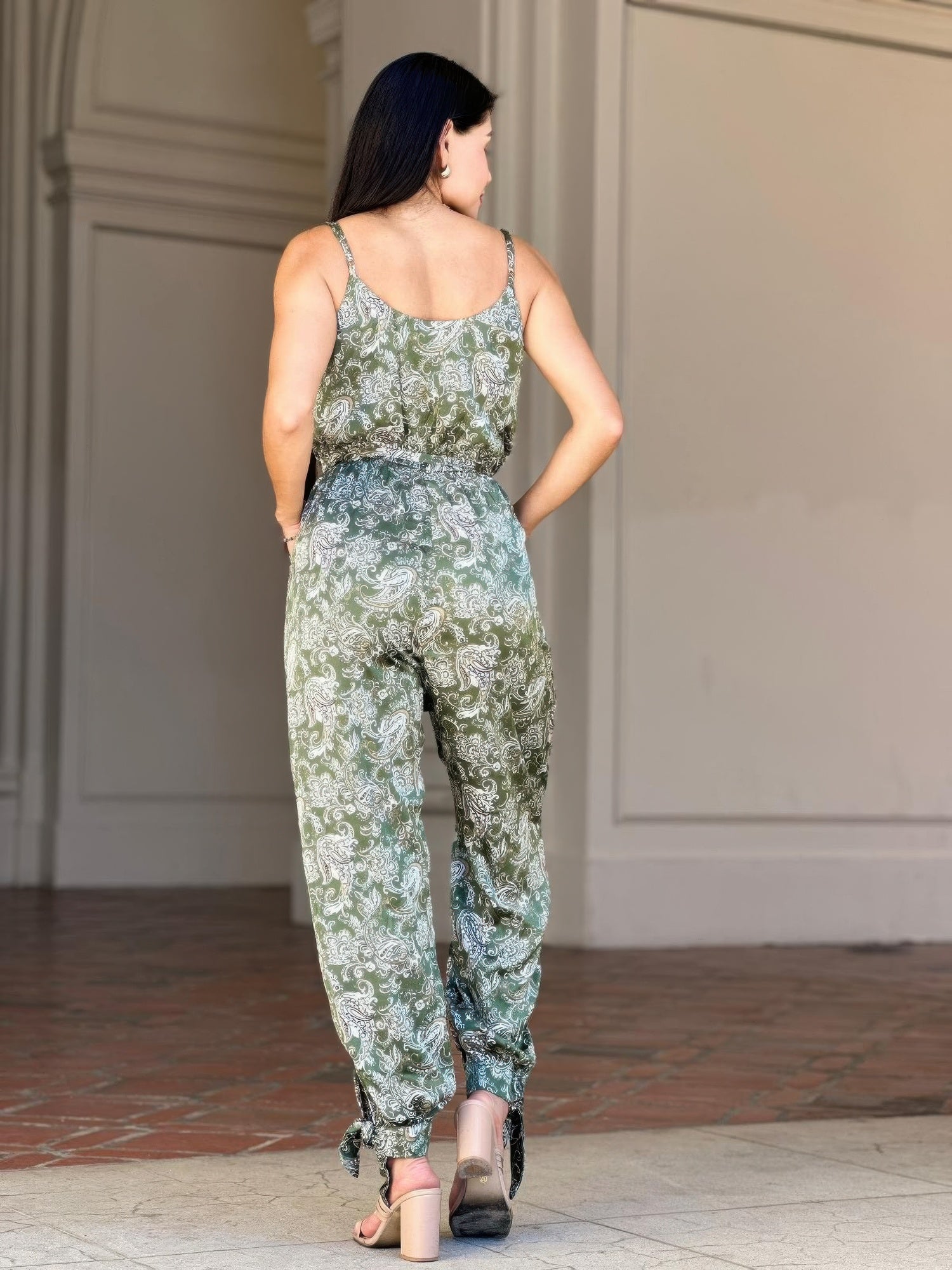 Paisley V Neck Tie Waist Jumpsuit -