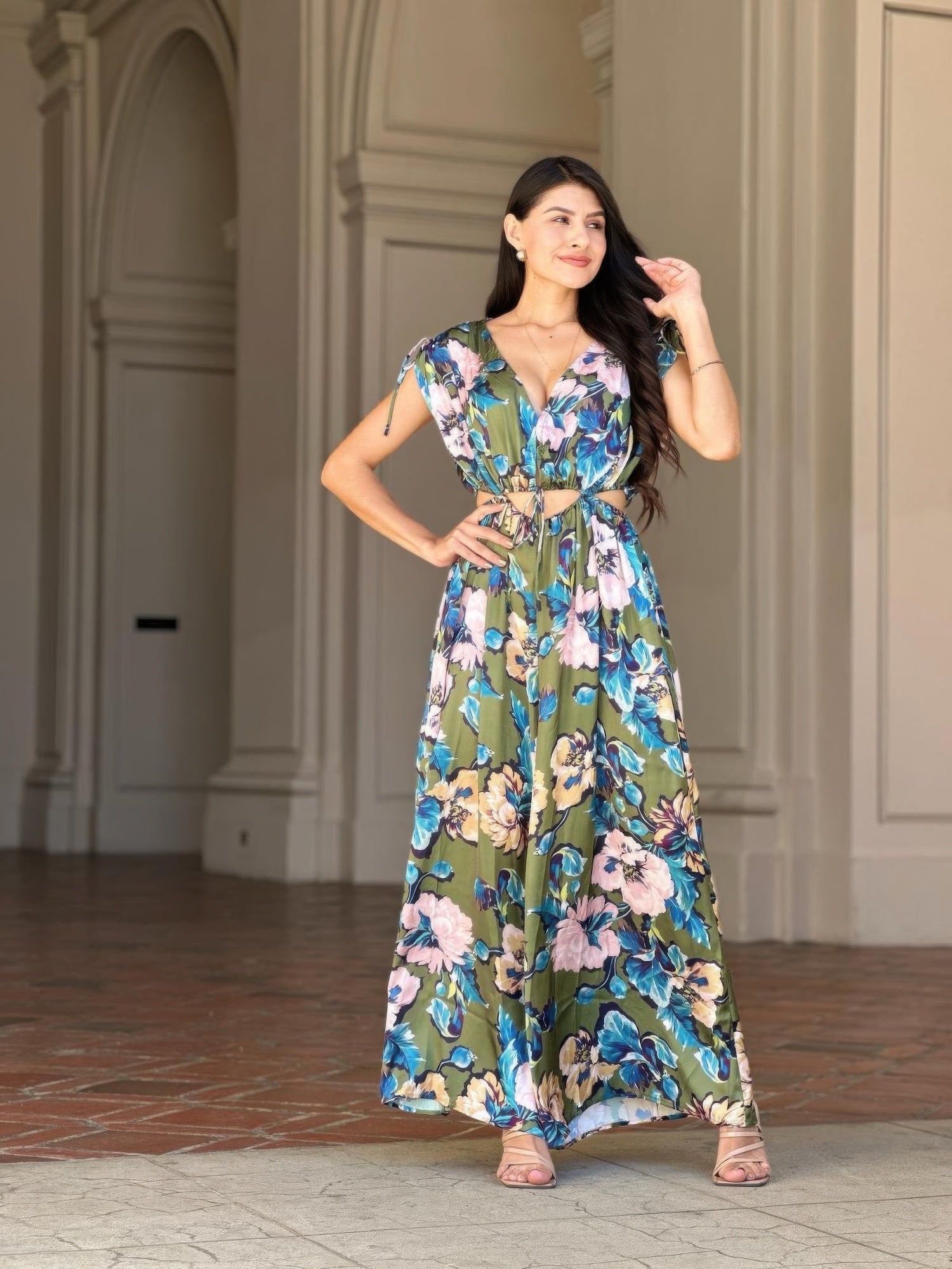 Satin Floral Cutout Wide Leg Jumpsuit -
