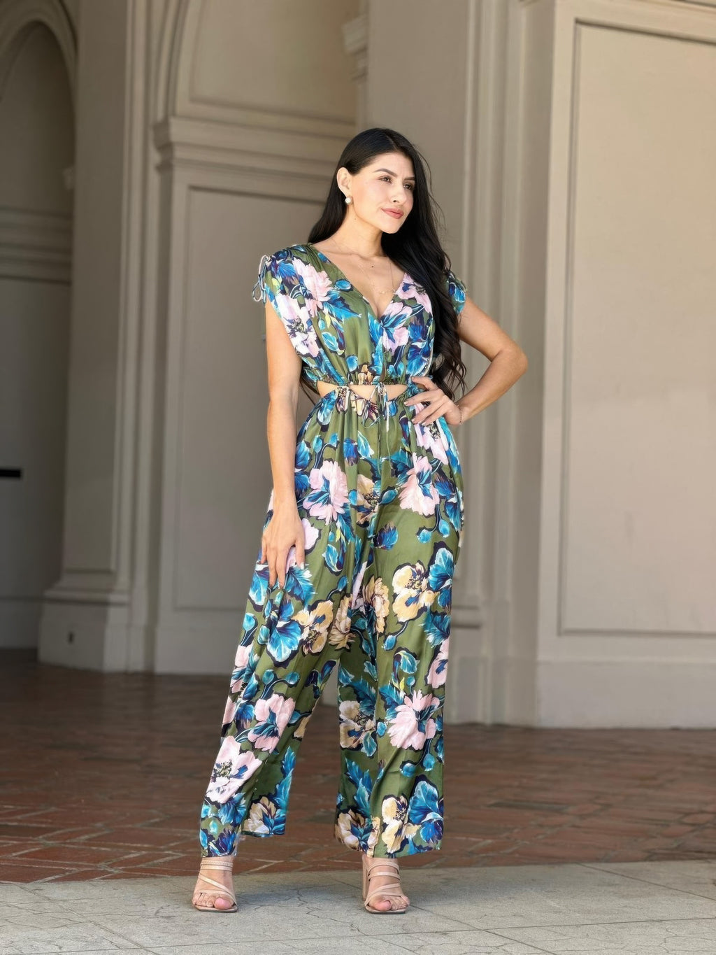 Satin Floral Cutout Wide Leg Jumpsuit -