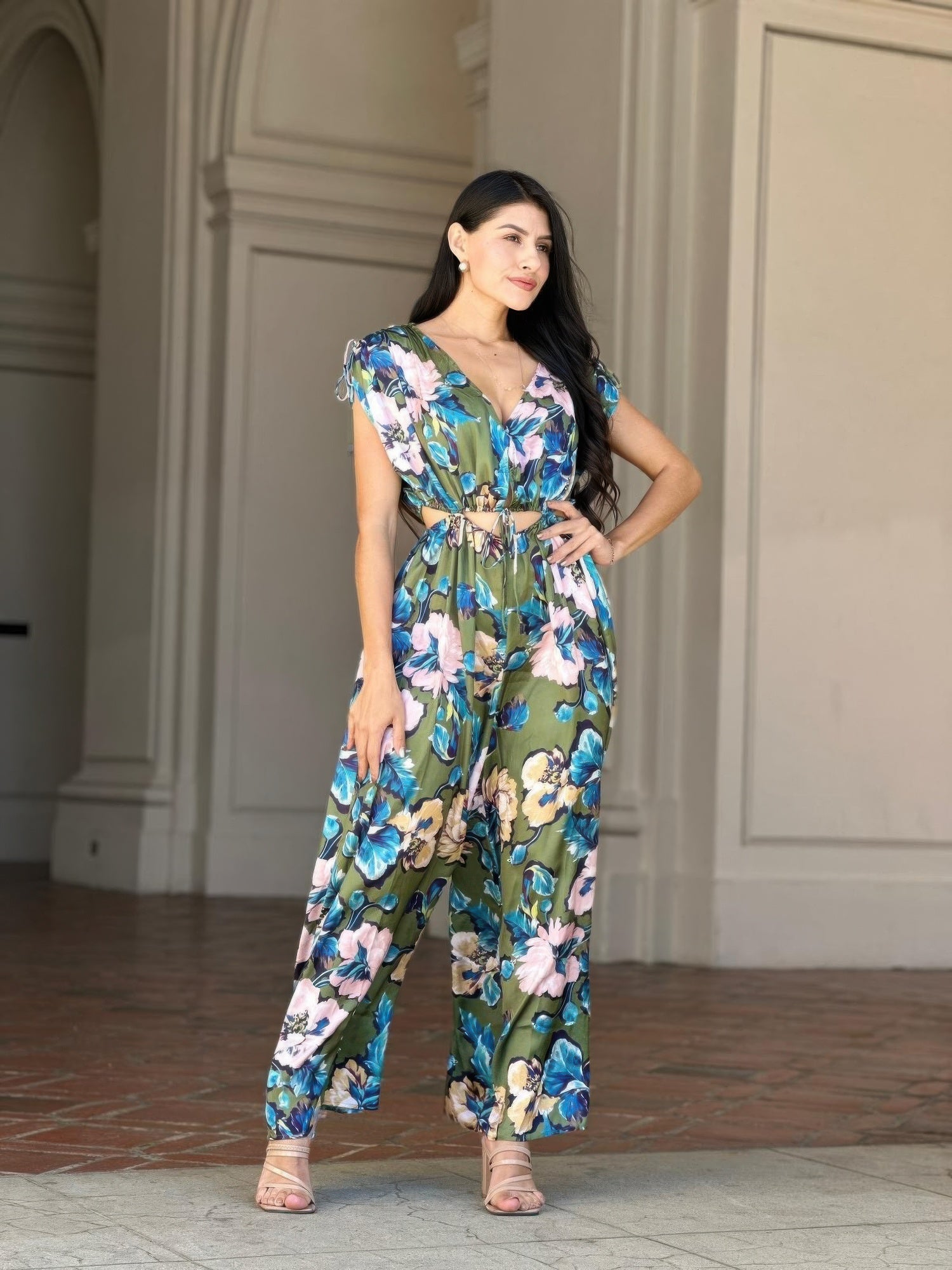 Satin Floral Cutout Wide Leg Jumpsuit -