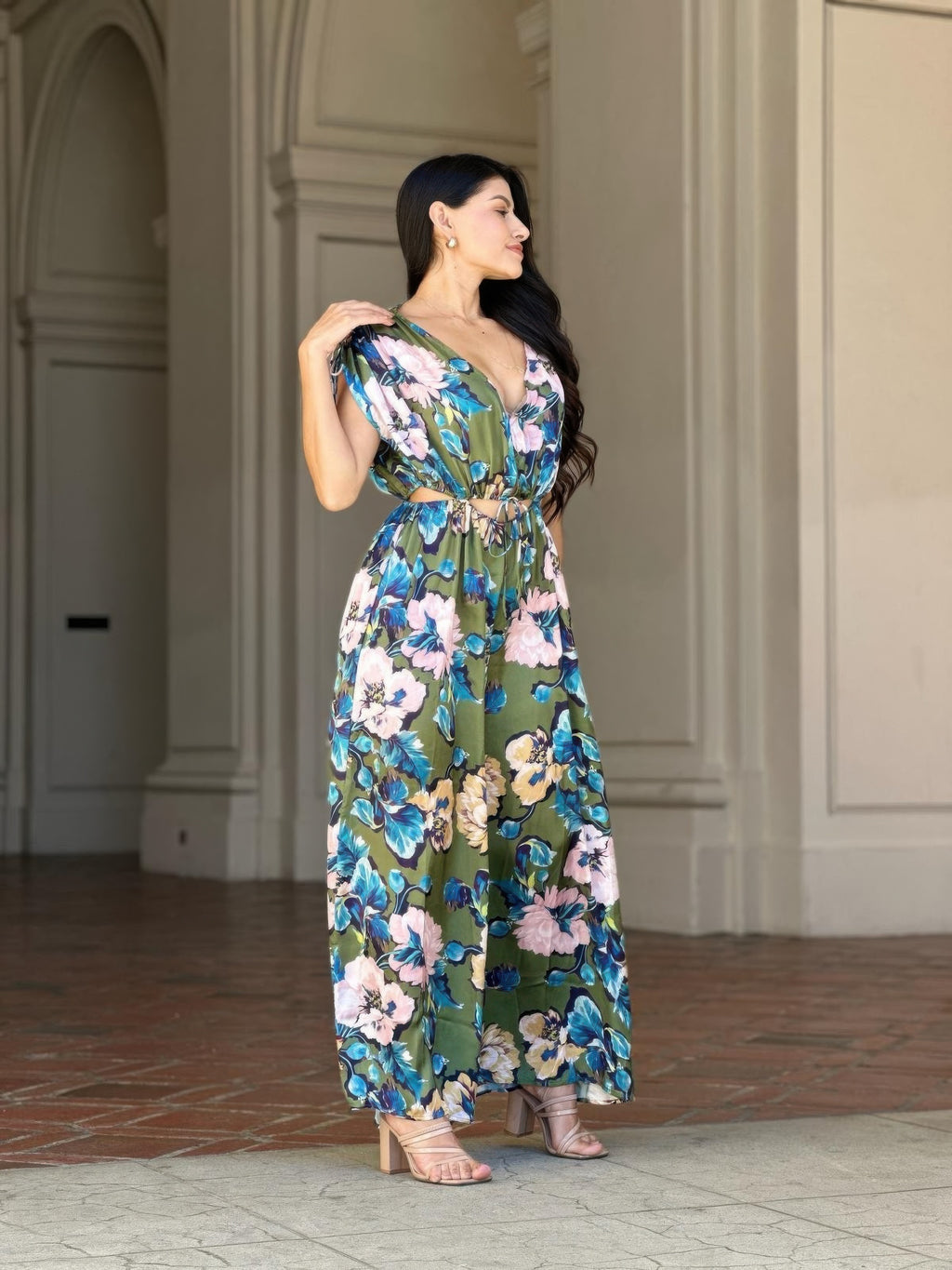 Satin Floral Cutout Wide Leg Jumpsuit -