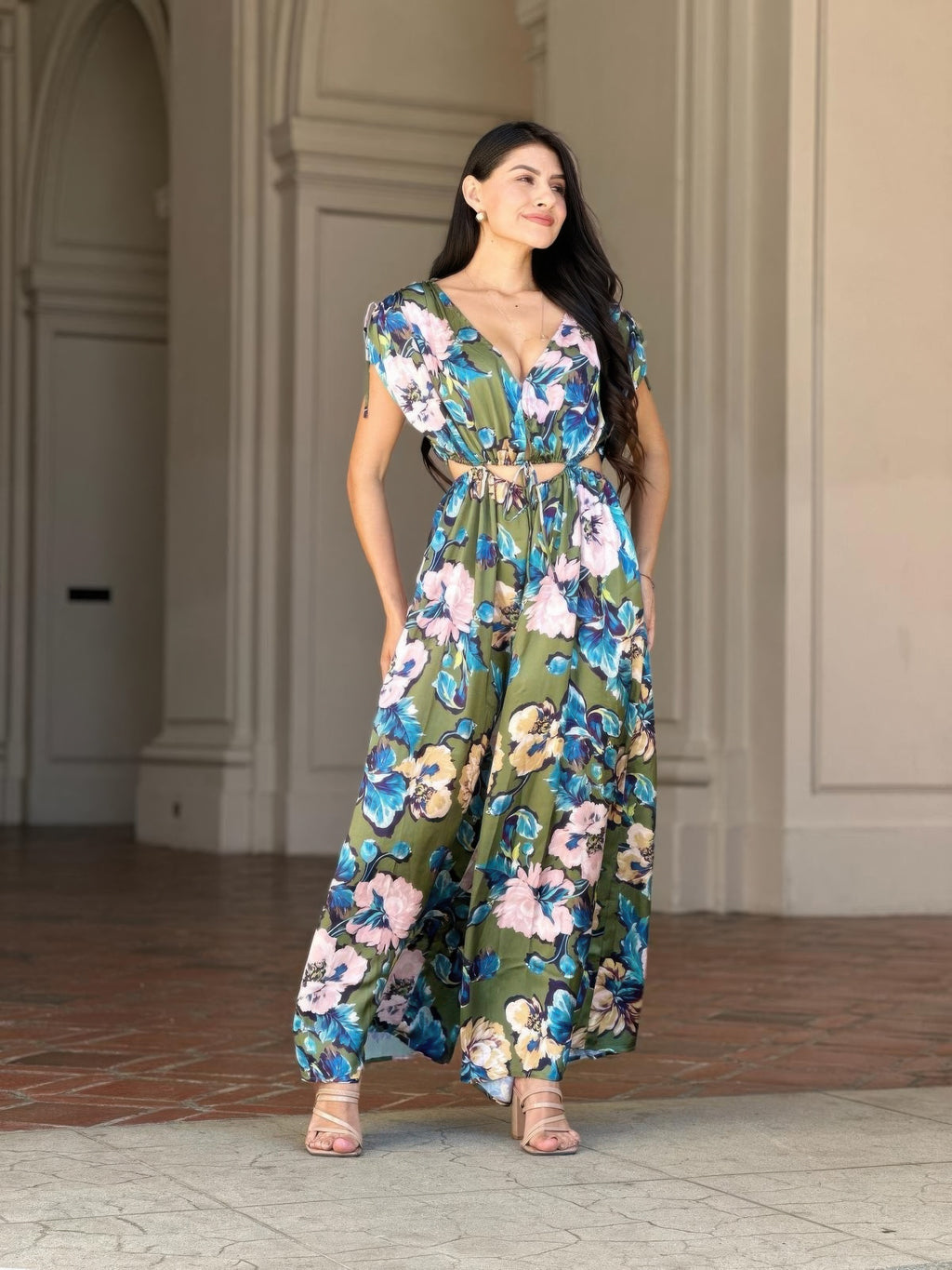 Satin Floral Cutout Wide Leg Jumpsuit -