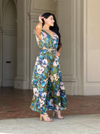 Satin Floral Cutout Wide Leg Jumpsuit -