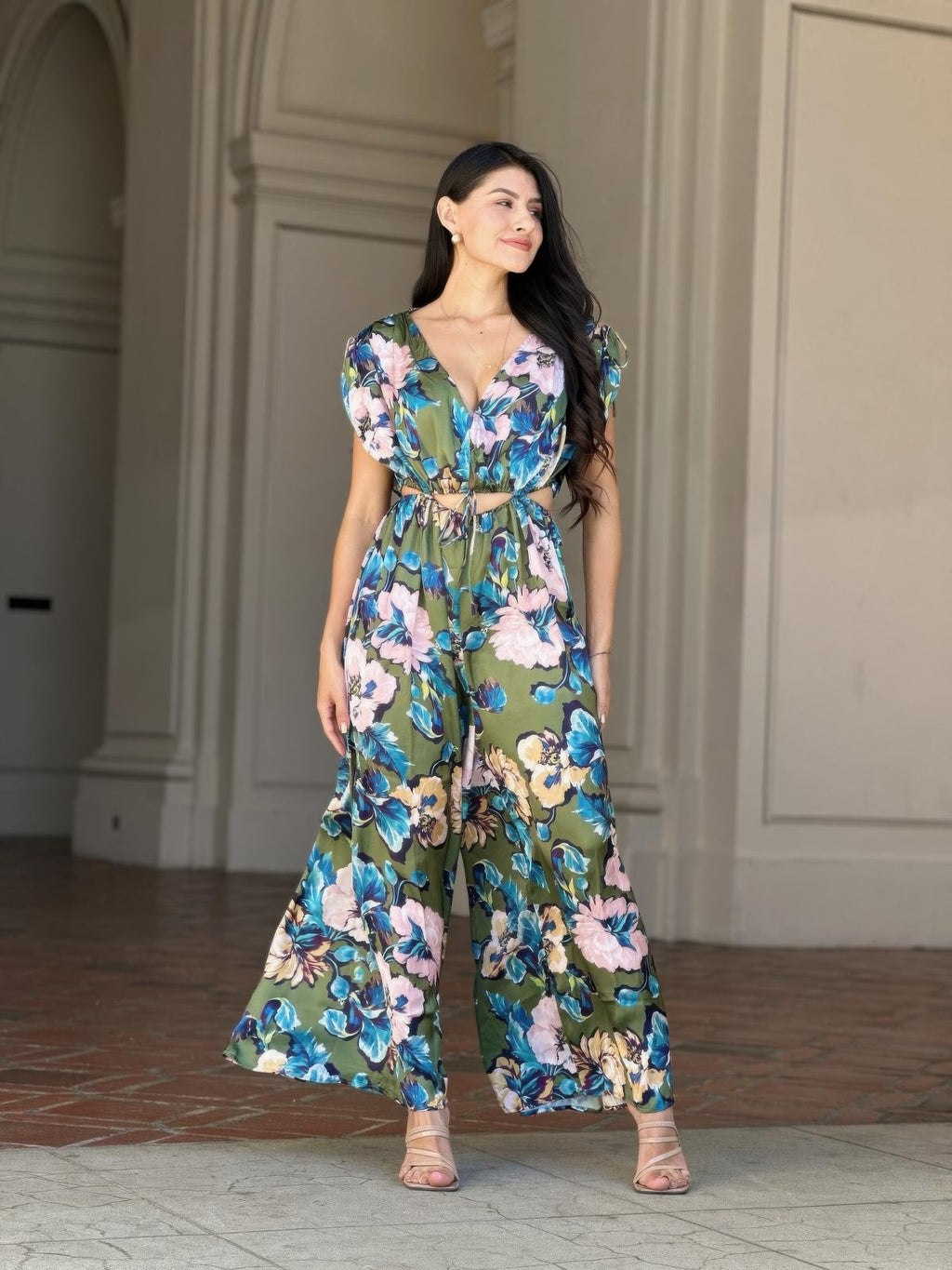 Satin Floral Cutout Wide Leg Jumpsuit - L