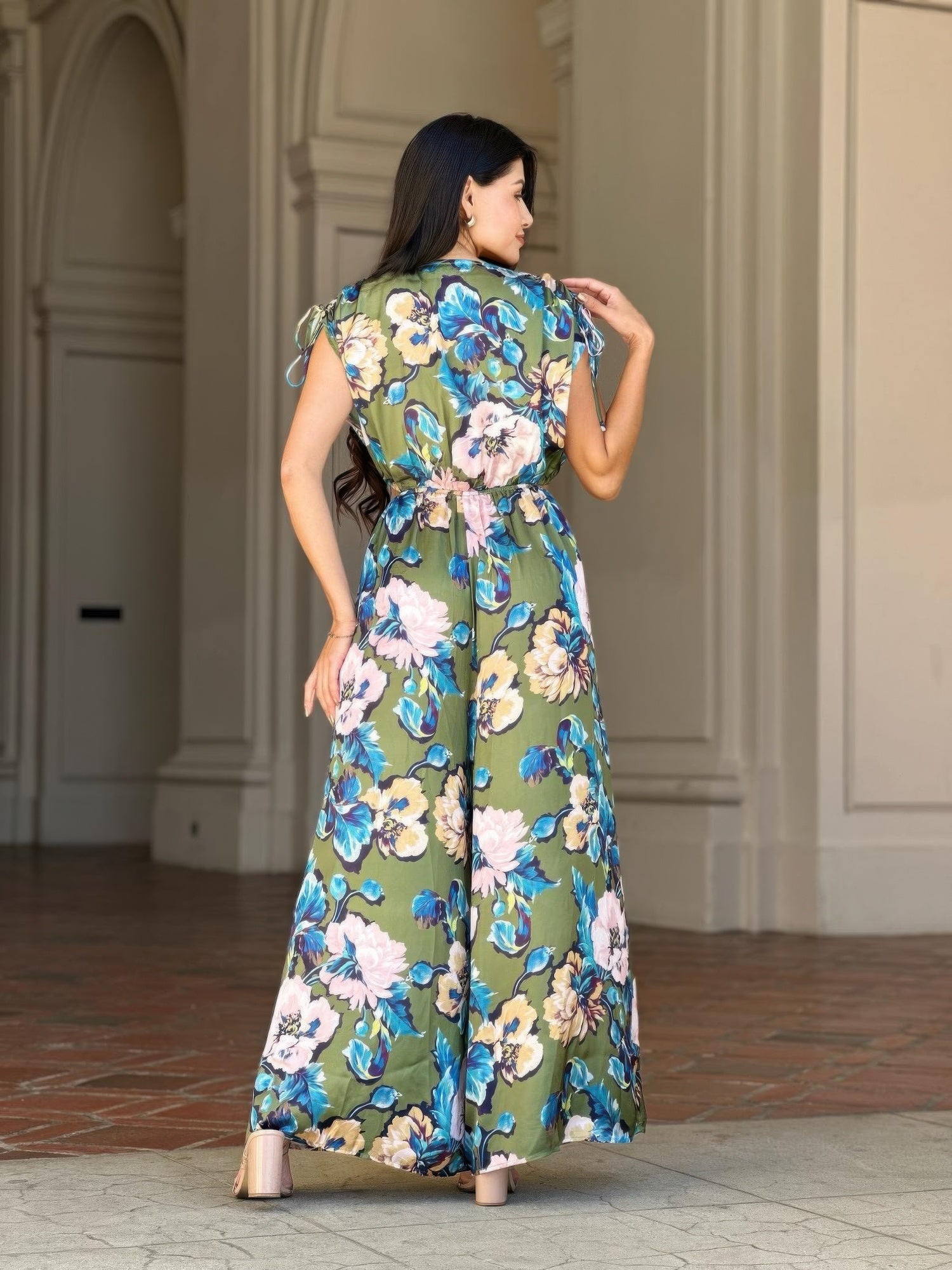 Satin Floral Cutout Wide Leg Jumpsuit -