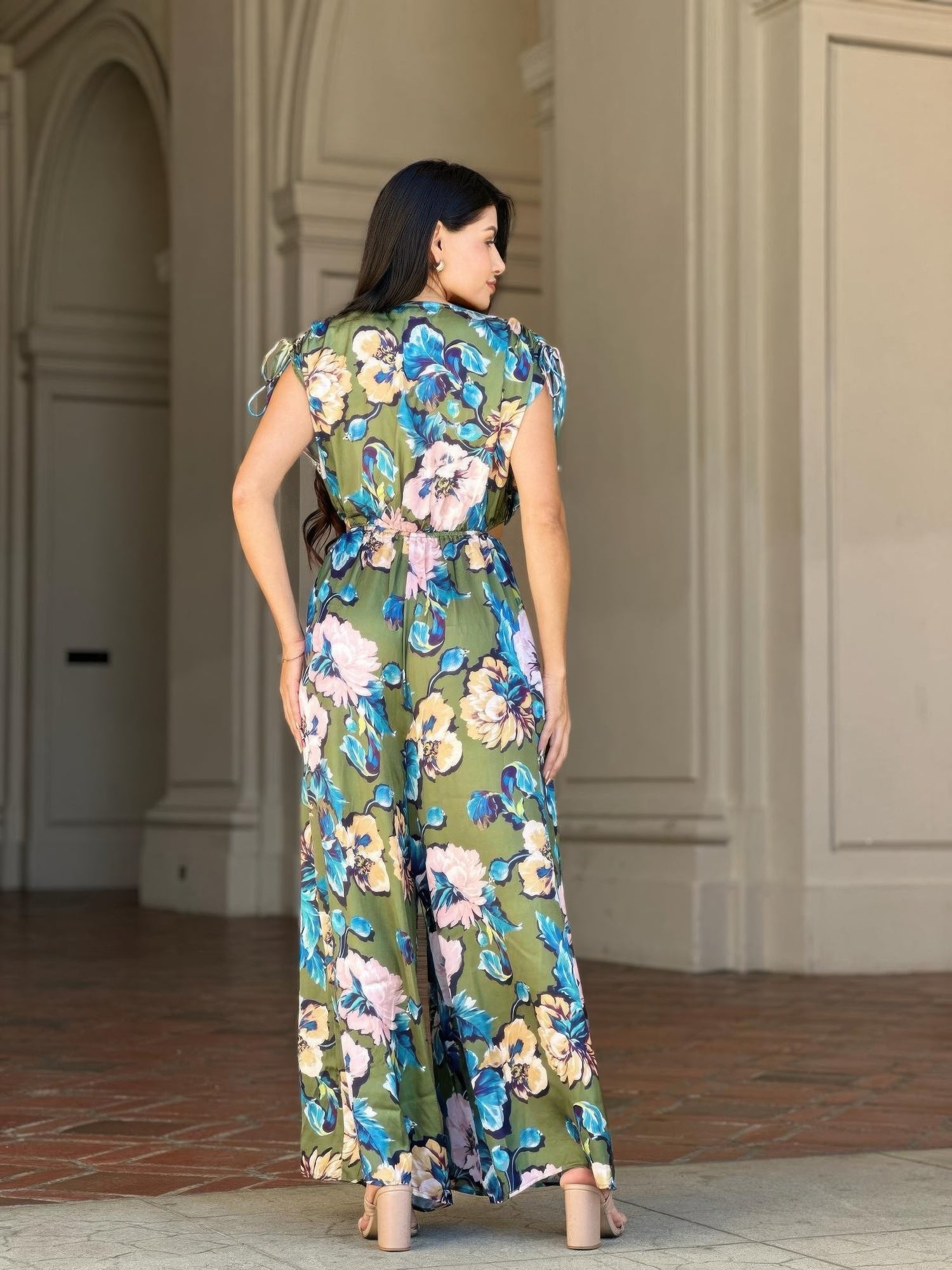 Satin Floral Cutout Wide Leg Jumpsuit -