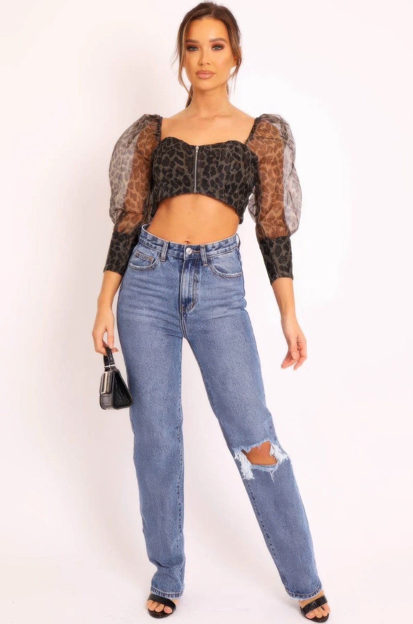 Leopard Sheer Puff Sleeve Crop Top Secondary image