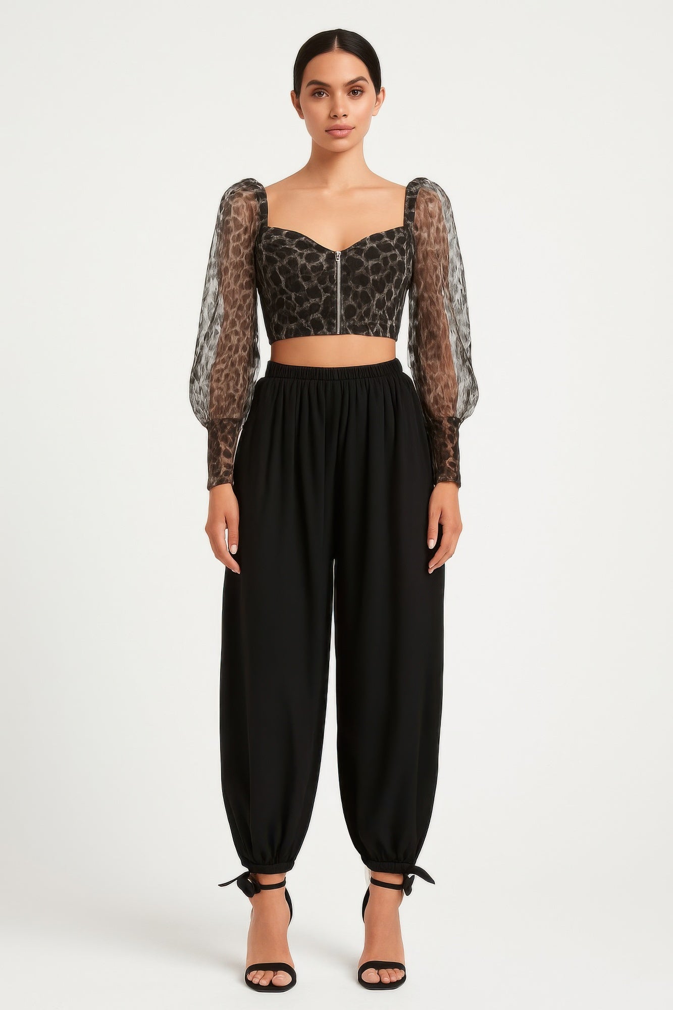 Leopard Sheer Puff Sleeve Crop Top -