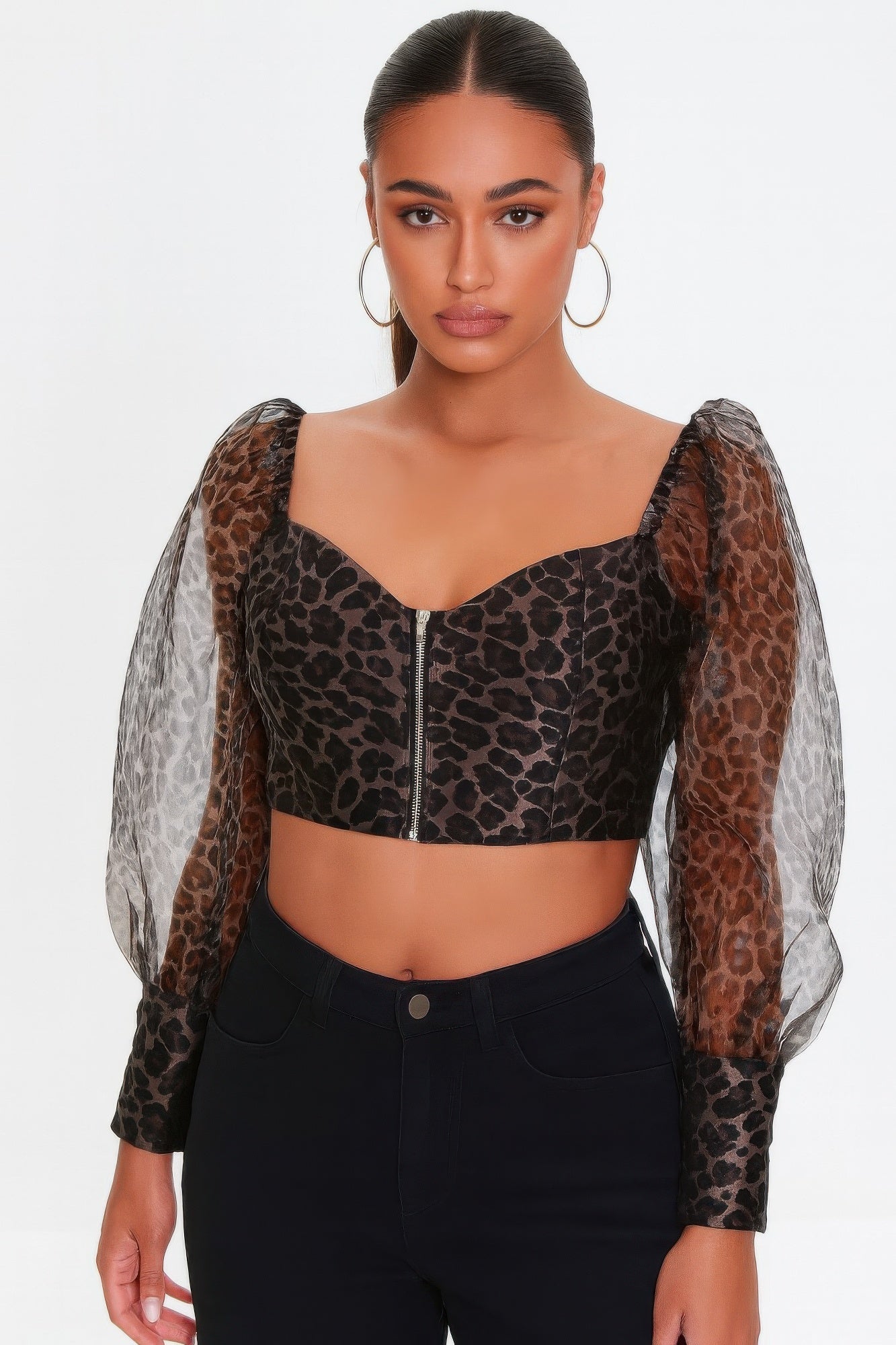 Leopard Sheer Puff Sleeve Crop Top -
