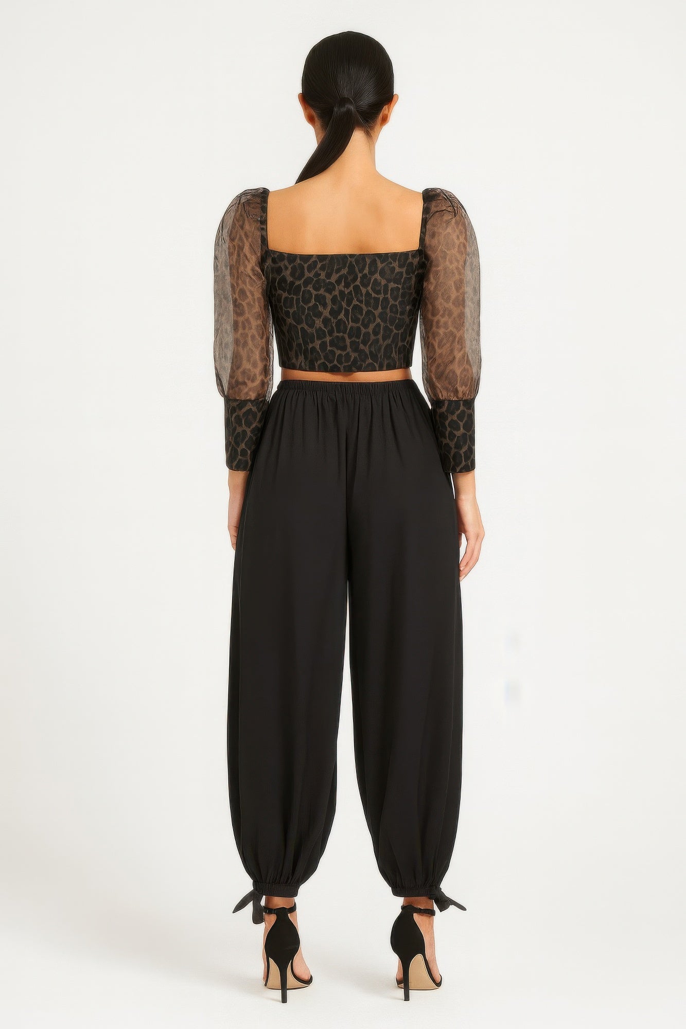 Leopard Sheer Puff Sleeve Crop Top -