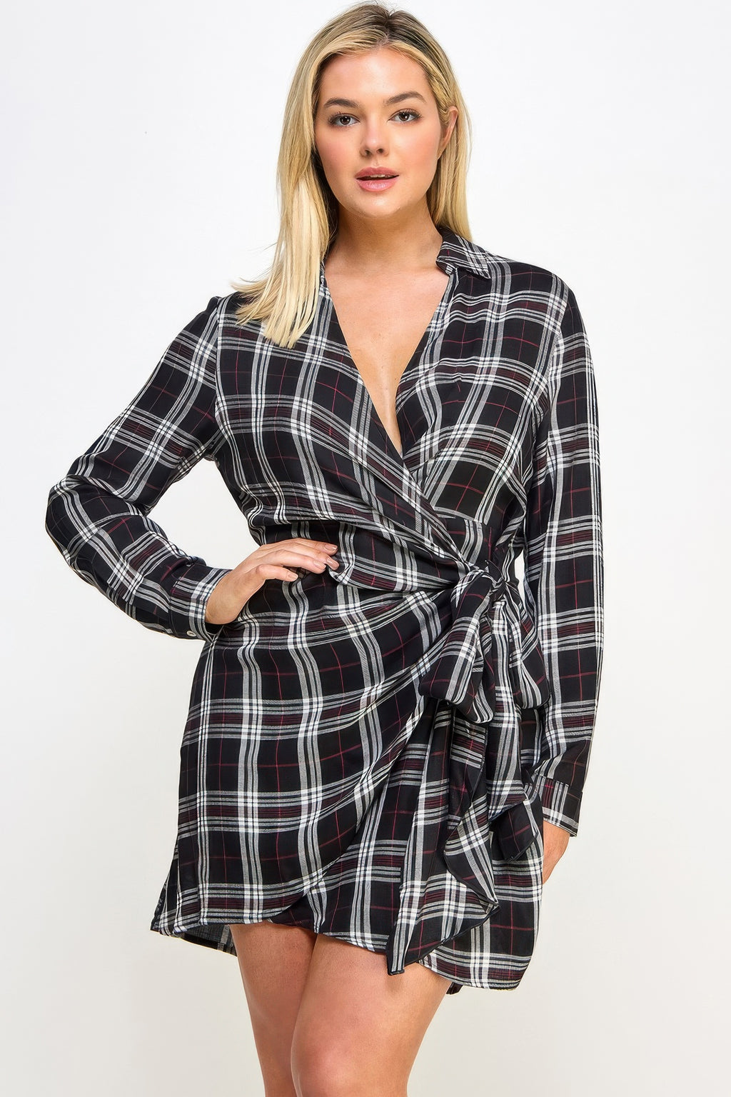 Plaid Side Tie Shirt Dress -