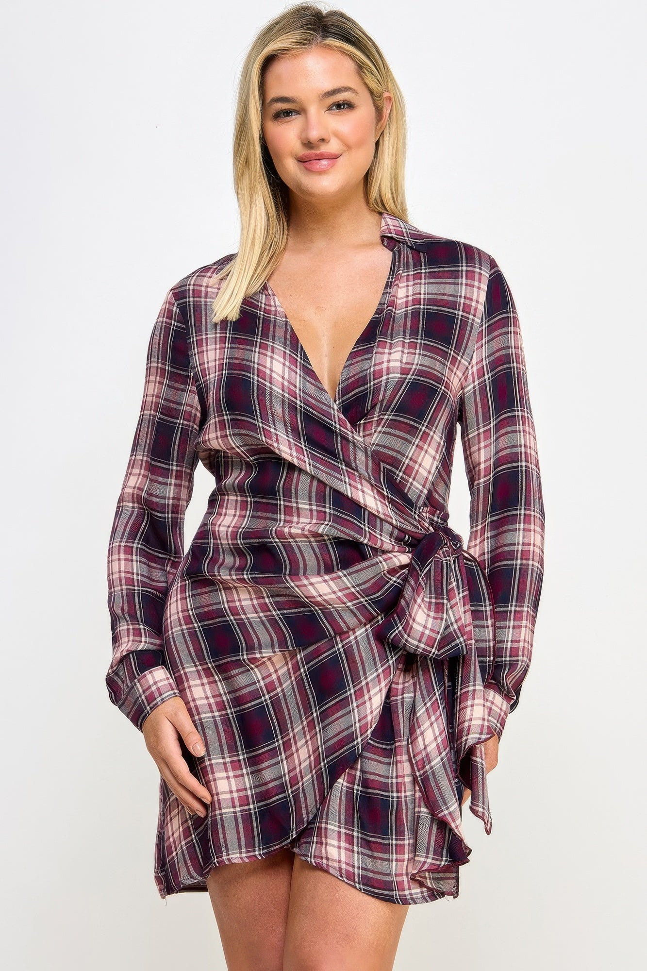 Plaid Side Tie Shirt Dress -
