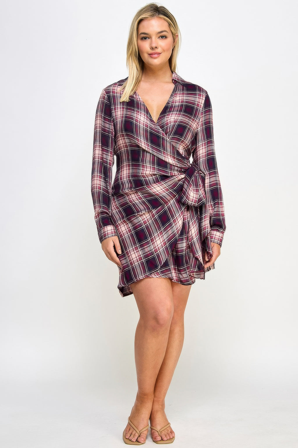 Plaid Side Tie Shirt Dress - Wine