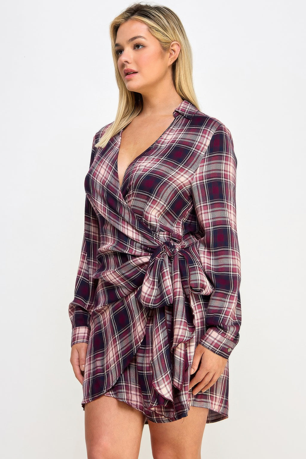 Plaid Side Tie Shirt Dress -