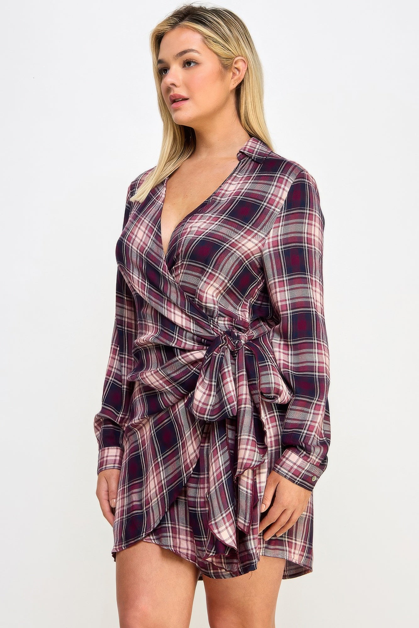 Plaid Side Tie Shirt Dress -