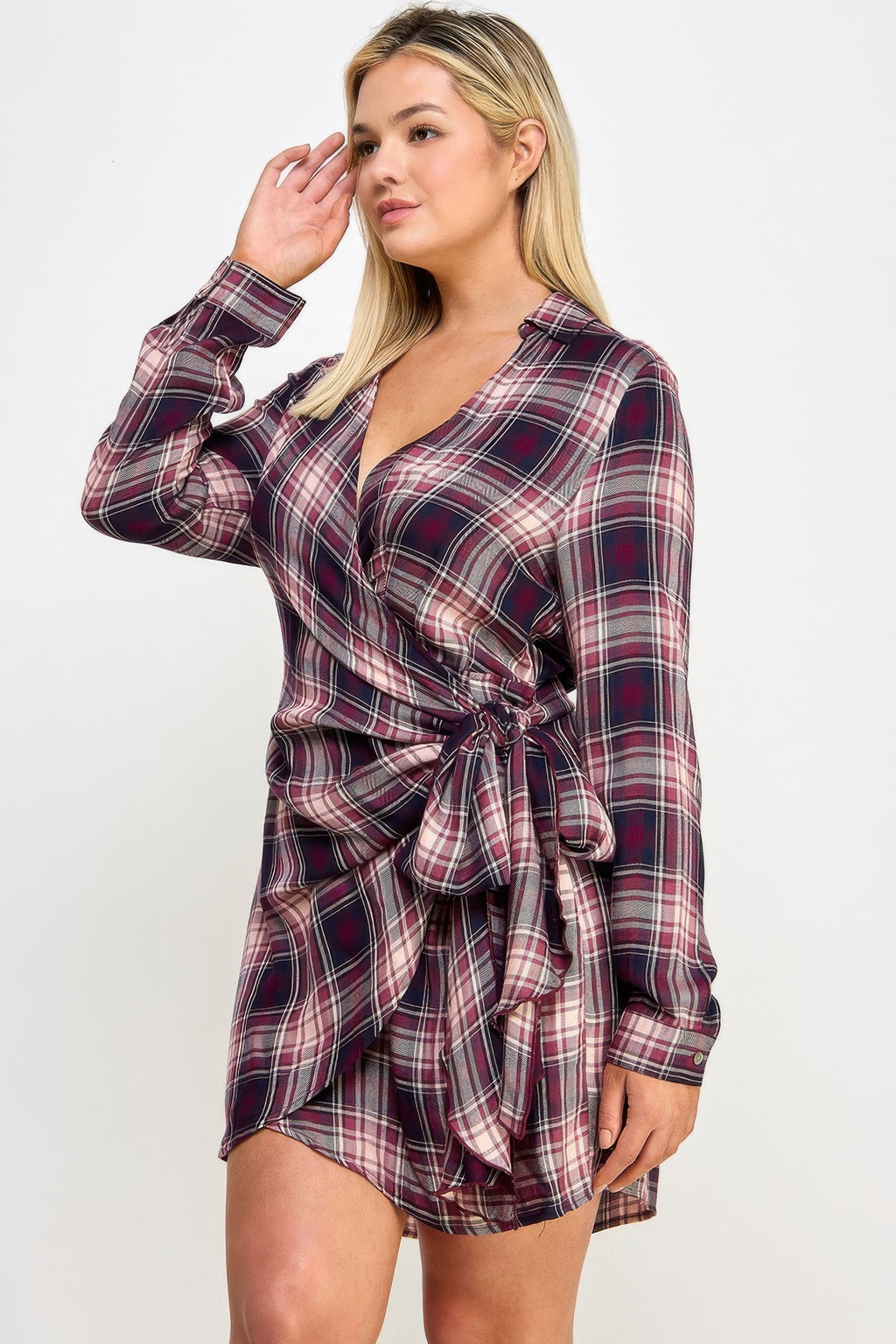 Plaid Side Tie Shirt Dress -